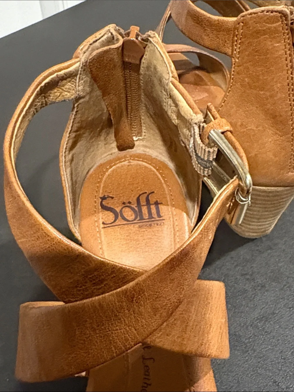 Sofft Tan Leather Crisscross Wedge Sandals
